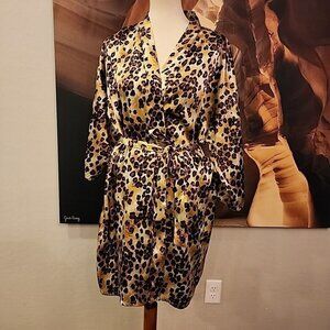 La Intimates Animal Print Robe Large Ties Brown Tan Satin